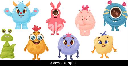 set of colorful cute monster characters , diverse shapes and expressions Stock Vector