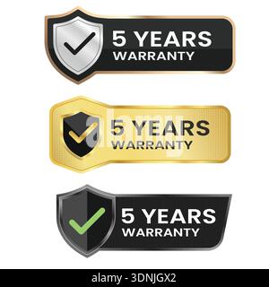 Premium 5 Years Warranty Labels with Metallic Shield Icons Stock Vector