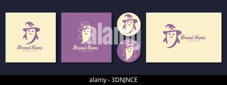 Cute ghost magic hat logo set vector illustration for halloween and baby apparel branding. Stock Vector