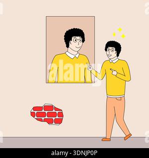 man in a yellow shirt points to his own picture in a wall. Stock Vector