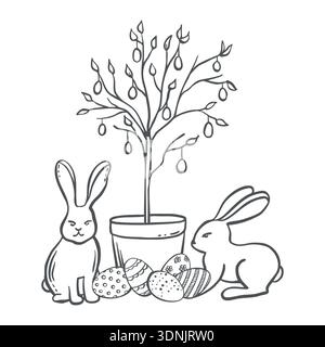 Easter bunnies and tree with eggs hanging from branches vector graphic illustration. Whimsical hand drawn isolated doodle for Easter egg hunt designs Stock Vector