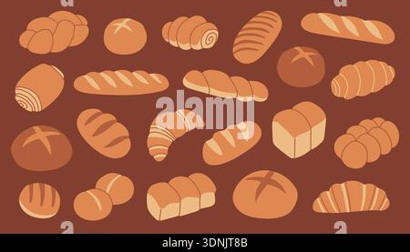 Flat vector bakery set with assorted bread, buns, baguettes and croissants. Warm brown color palette, cute minimal style, isolated food illustrations Stock Vector