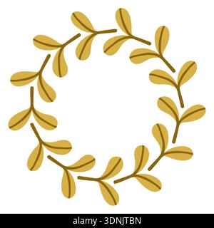 Minimal vector circular wreath made of golden green leaves. Flat botanical frame isolated on white background for autumn design, branding, invitations Stock Vector
