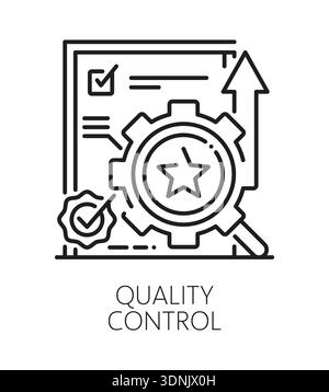 Product quality control inspection line icon or sign. Product regulatory inspection icon, standards approval vector symbol. Regulation control sign or pictogram with magnifying glass and cogwheels Stock Vector