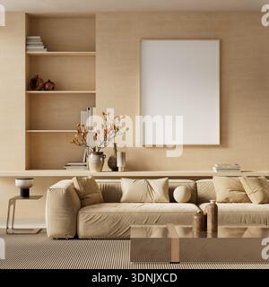 Professional interior wall mockup with a blank picture frame on a shelf in a luxury residential lounge with natural light, neutral colors and stylish Stock Photo