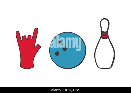 Bowling set red glove, blue ball and white pin. Hand drawn simple outline doodle. Isolated on white background. Vector illustration Stock Vector