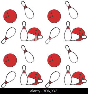 Bowling pattern with balls and pins. Simple hand drawn doodle on white background. Vector illustration Stock Vector