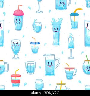 Cartoon fresh water drinks seamless pattern with cute characters including glass, jug and straw cup. Vector seamless pattern for healthy lifestyle background, eco friendly packaging and textile design Stock Vector