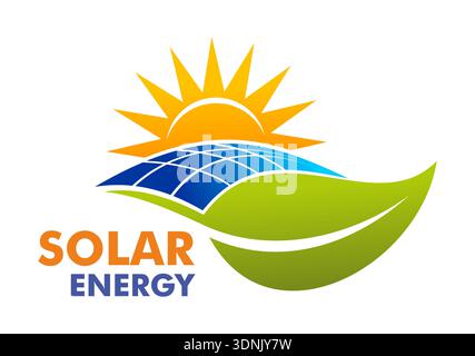 Solar energy technology icon with sun rays over the solar panels and green leaf. Vector emblem symbolizing clean, renewable energy, sustainability, electricity production and eco friendly technology Stock Vector