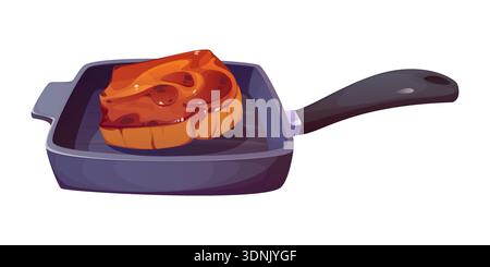 Cartoon cooking process of beef steak on a frying grill pan with a long handle. Vector raw juicy meat slice rests on heated ridges, culinary cook food preparation scene with kitchen utensil and meat Stock Vector