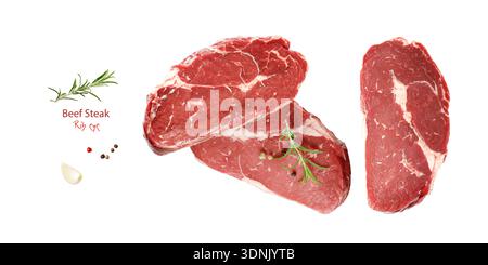 Raw rib eye beef steaks with twigs rosemary, garlic and spices closeup isolated on white background Stock Photo