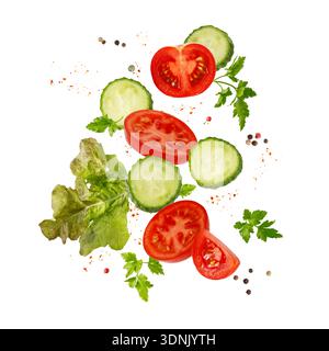 Sliced ripe juicy red tomato, cucumbers, lettuce, parsley leaves and peppers flying falling isolated on white background.  Vegetables collection Stock Photo