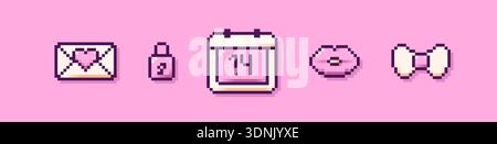 Pixel art calendar, kiss, bow, lock, and envelope with a heart. Stock Vector