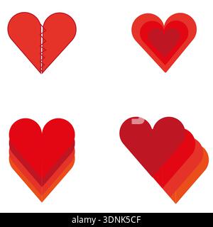 Romantic hearts collection. Red shades Vector shapes. Stitched broken heart. Love feeling symbol set. Stock Vector
