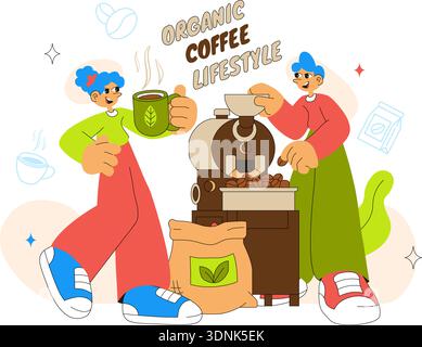 Organic Coffee Lifestyle Vector Illustration Featuring Natural Beans, Eco-Friendly Vibes, And A Healthy Morning Routine in a Flat Background Stock Vector