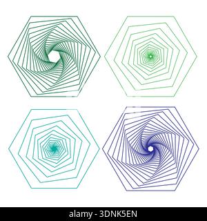 Hypnotic hexagon patterns. Tunnel line Vector art. Six sided spirals. Abstract geometric shapes. Stock Vector