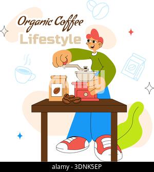 Organic Coffee Lifestyle Vector Illustration Featuring Natural Beans, Eco-Friendly Vibes, And A Healthy Morning Routine in a Flat Background Stock Vector