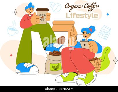 Organic Coffee Lifestyle Vector Illustration Featuring Natural Beans, Eco-Friendly Vibes, And A Healthy Morning Routine in a Flat Background Stock Vector