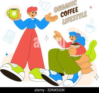 Organic Coffee Lifestyle Vector Illustration Featuring Natural Beans, Eco-Friendly Vibes, And A Healthy Morning Routine in a Flat Background Stock Vector