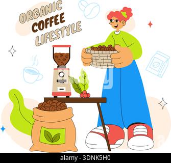 Organic Coffee Lifestyle Vector Illustration Featuring Natural Beans, Eco-Friendly Vibes, And A Healthy Morning Routine in a Flat Background Stock Vector
