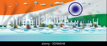 Vector illustration independence anniversary celebration nation day in India flag background. Travel silhouette landmarks architecture of India in mum Stock Vector