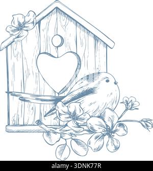 A bird perches on a birdhouse with a blossoming apple tree. A hand-drawn graphic illustration in ink, monochrome line art style. A composition with a Stock Vector
