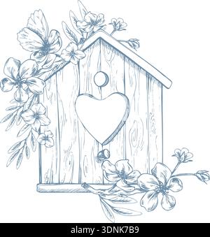 A cute, simple wooden birdhouse decorated with a blossoming apple tree and a butterfly. Hand-drawn ink illustration in line art style. A lovely Stock Vector