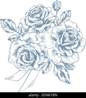 A bouquet of three beautiful roses with leaves and ribbons. A hand-drawn graphic illustration in ink, monochrome line art style. A festive composition Stock Vector