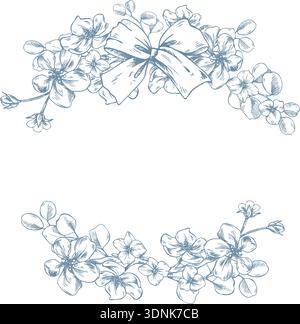 A blossoming apple tree with cute flowers decorated with a bow. Hand-drawn ink graphic illustration, monochrome line art style. Frames, half-wreaths Stock Vector