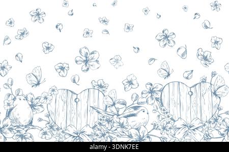 Wooden heart, apple blossom, and birds with butterflies. Hand-drawn ink graphic illustration, monochrome line art style. Seamless border pattern for Stock Vector