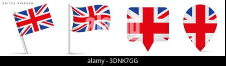 United Kingdom national flag collection including waving flags and map pin markers. Isolated vector style illustration for travel, location, navigatio Stock Vector