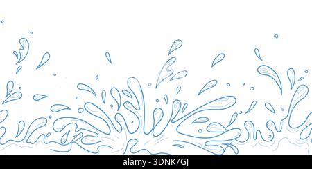 Water splashes, puddles and drops, seamless border. Vector illustration. Waves and puddles isolated on a white background. Concept of summer, water Th Stock Vector