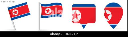 Set of North Korea national flag designs including waving flags and map pin icons. Isolated on white background, suitable for travel, location, infogr Stock Vector