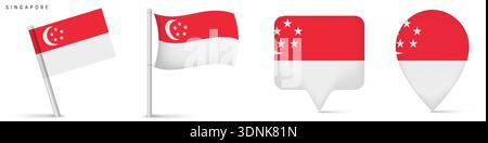 Singapore national flag set featuring waving flags and location pin icons. Clean isolated design on white background, ideal for travel, geography, nav Stock Vector