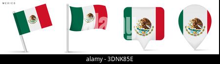 Set of Mexico national flag in different styles including waving flag on pole and map pin icons. Isolated vector elements for travel, location and cou Stock Vector