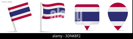 Set of Thailand national flag icons including waving flag and map pin markers. Clean isolated design suitable for travel, location, geography and inte Stock Vector