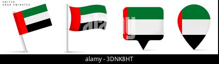 Set of United Arab Emirates national flag icons including waving flag and map pin markers. Isolated design for travel, geography, navigation and Middl Stock Vector