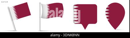 Set of Qatar national flag icons including waving flag and map pin markers. Clean isolated design for travel, geography, navigation and Middle East re Stock Vector