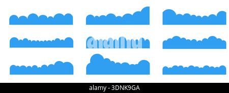 Simple clouds divider web site separator set. Fluffy curve edge header section. Blue border for banner, frame bottom, template. Vector illustration Stock Vector