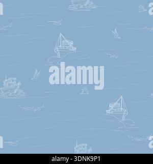 Fishing boat at sea, seamless pattern. Seagulls and a vessel, a ship on the water. Vector illustration. Seascape on a blue sea background. Fishing Stock Vector