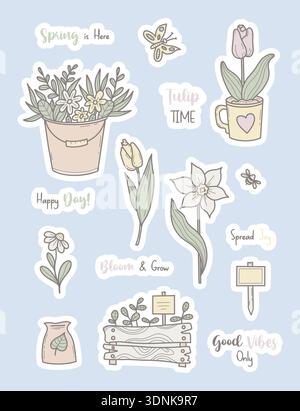 Spring Flower Stickers. Cute Flowers, Tulip, Narcissus and Bucket with Bouquet, Spring-themed Elements And Motivational Quotes. Hand Drawn Pastel Gard Stock Vector