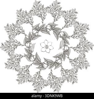 Floral mandala of wildflower and rose flowers vector outline illustration. Sketch style botanical lace round wreath. Ideal for abstract spring decoration or wedding greeting card and yoga logo design. Stock Vector