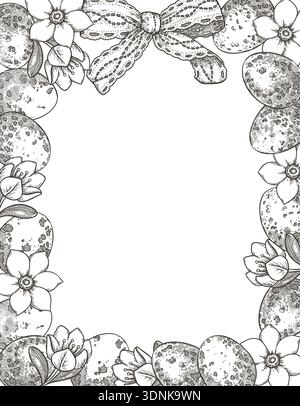 Easter background with quail egg and flower in vintage sketch style. Hand drawn vector design with ribbon bow. Vertical outline frame with copy space. Perfect for greeting card and holiday template. Stock Vector