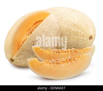 White oval melon and melon slices isolated on white background. File contains clipping path. Stock Photo