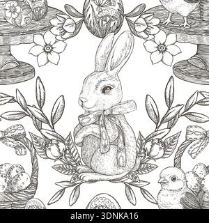Easter seamless pattern with cute bunny and baby chick black and white background. Hand drawn vector design in vintage sketch style. Outline print ideal for wallpaper or holiday fabric and wrap paper. Stock Vector
