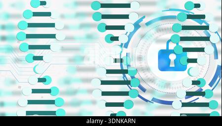 Displaying central genomic HUD merging with vertical DNA strands in digital interface, blue padlock Stock Photo