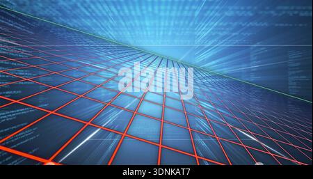 Glowing grid plane receding toward green horizon in cyberspace, showing red grid lines, cyan code Stock Photo