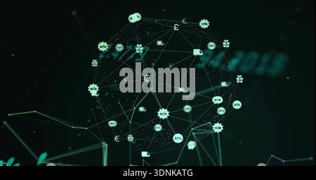 Rotating spherical network displaying glowing node markers with euro, percent, gift icons Stock Photo