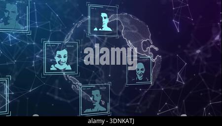Displaying dotted 3D globe and translucent profile tiles floating in data dashboard, showing nodes Stock Photo
