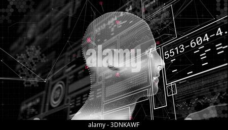 Rendering wireframe head on right in virtual HUD, showing pink nodes and readout 5513-604-4 Stock Photo